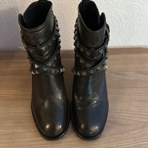 Tory Burch black leather moto boots with stud accent
